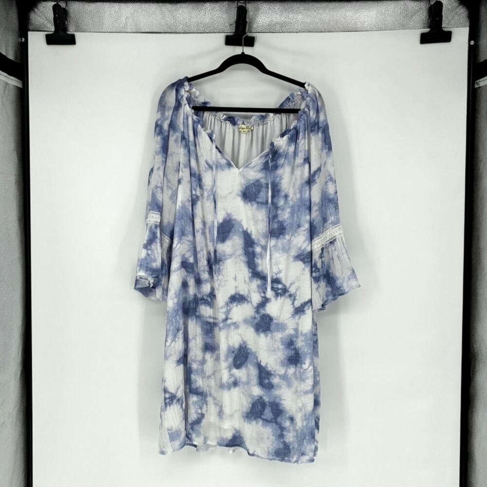 Blue & White Boho Cloud Tie Dye Shift Dress - Plus Size 2X - Hippie - Boho